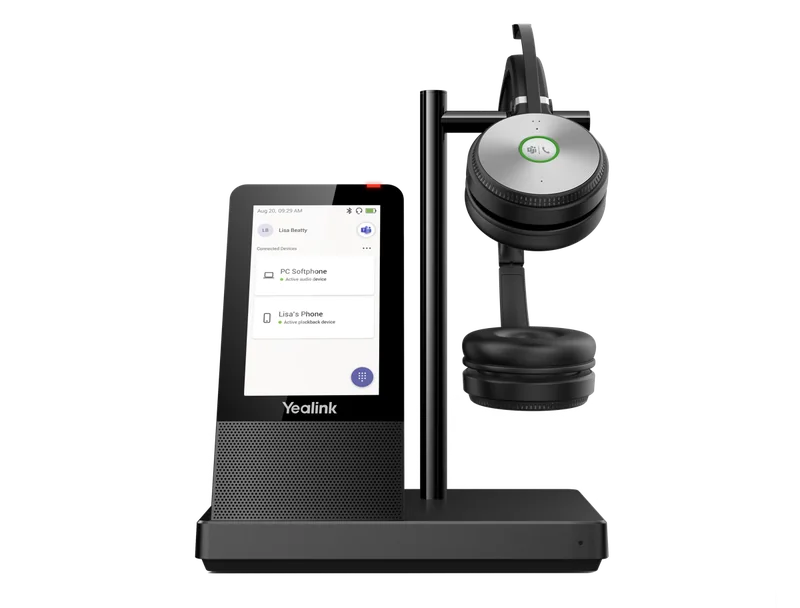 Yealink WH66 dual headset on its 4-inch touch-screen base