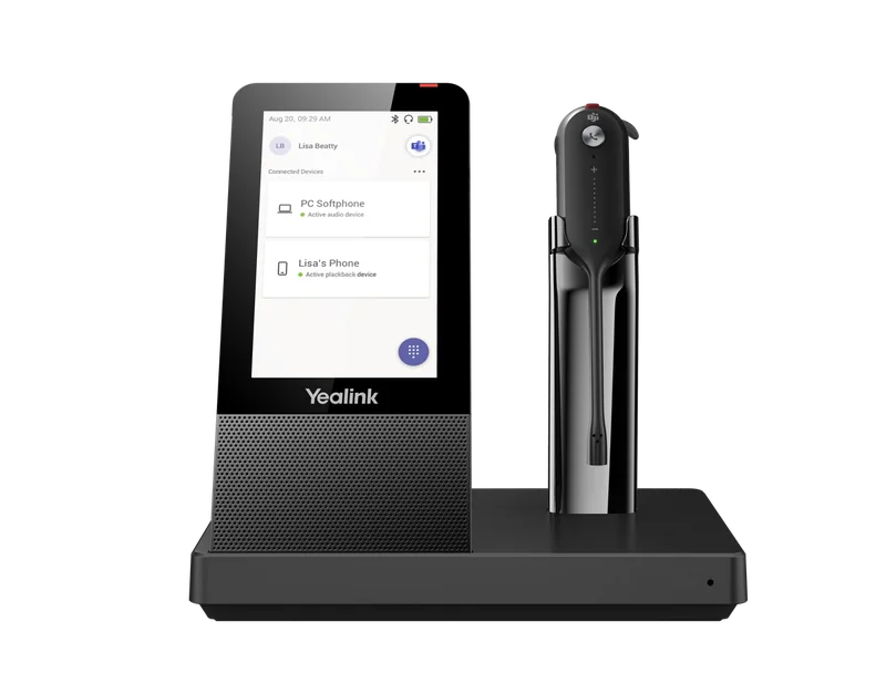 Yealink WH67 convertible headset on its 4-inch touch-screen base