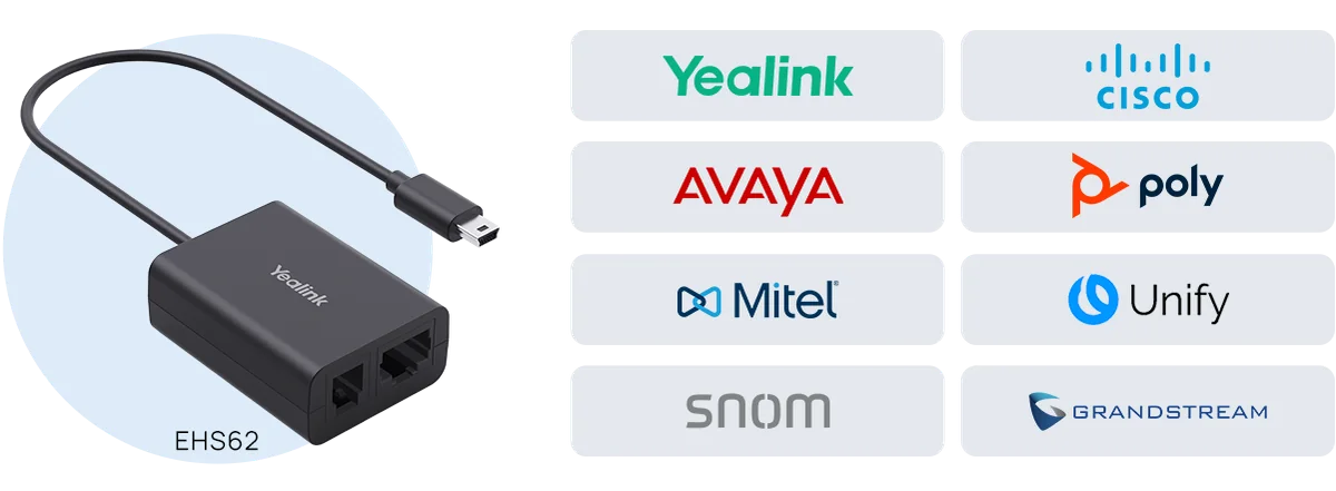 Yealink EHS62 hook switch adapter with supported desk phone brands