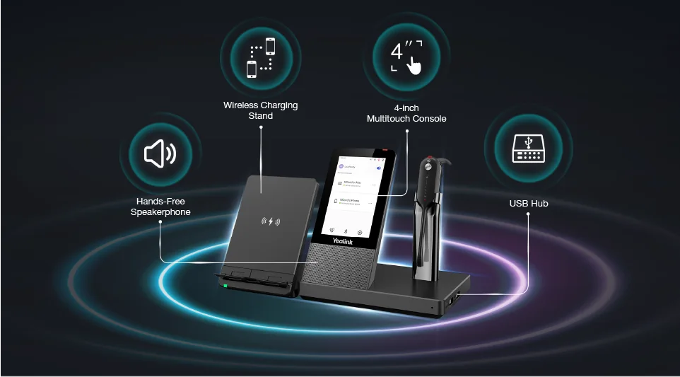 Yealink WH67 base features: wireless charging stand, 4-inch touch console, hands-free speakerphone and USB hub