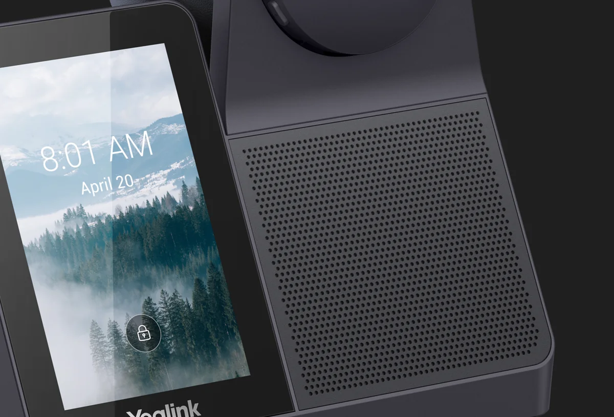 Close-up of the Yealink WH64 Workstation touch screen and speakerphone grille