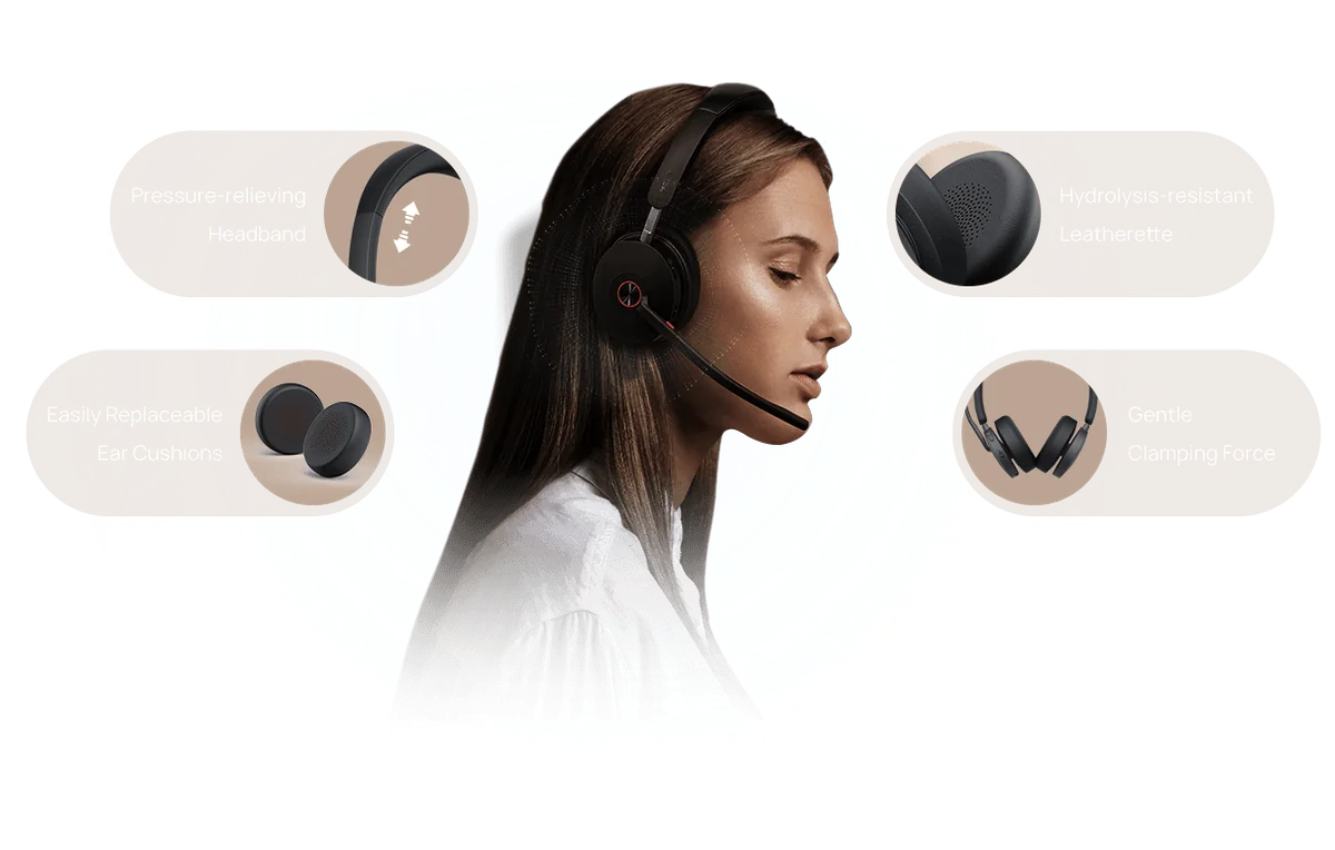 Yealink WH68 headset comfort features: pressure-relieving headband, hydrolysis-resistant leatherette, replaceable ear cushions and gentle clamping force