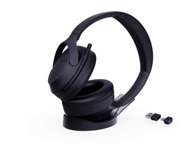 Yealink BH78 Bluetooth headset on its BHC78 wireless charging stand with BT51-C dongle