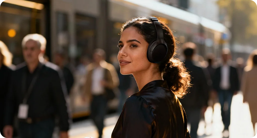 Woman wearing a Yealink BH78 adaptive ANC Bluetooth headset on a busy city street near a tram