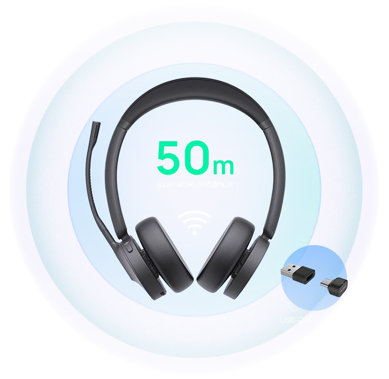 Yealink BH70 headset with up to 50 metres of wireless range using the BT51-C dongle and USB-C/A adapter