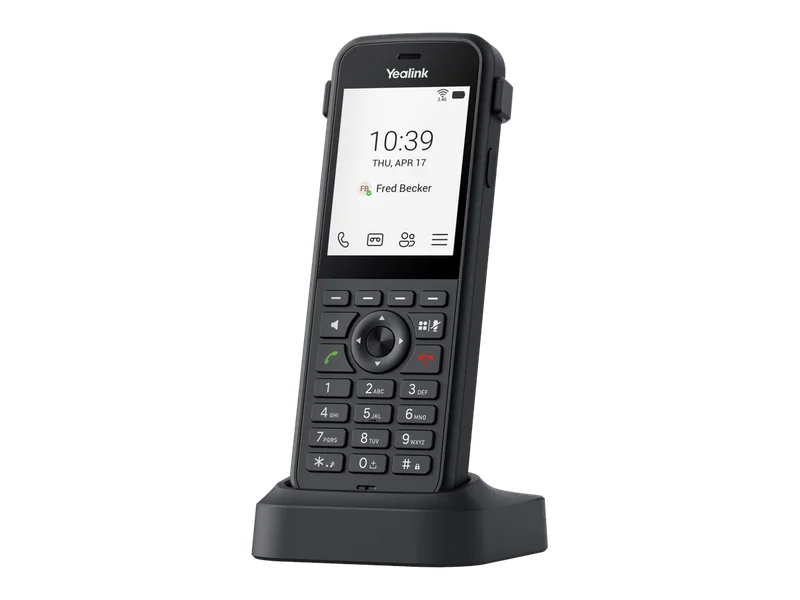 Yealink MP66W rugged Wi-Fi 6E Microsoft Teams handset in its charging cradle