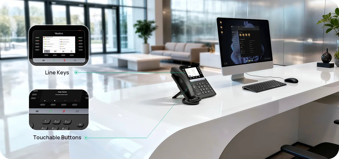 Yealink MP55 E2 Teams phone on a reception desk, with call-outs for line keys and touchable buttons