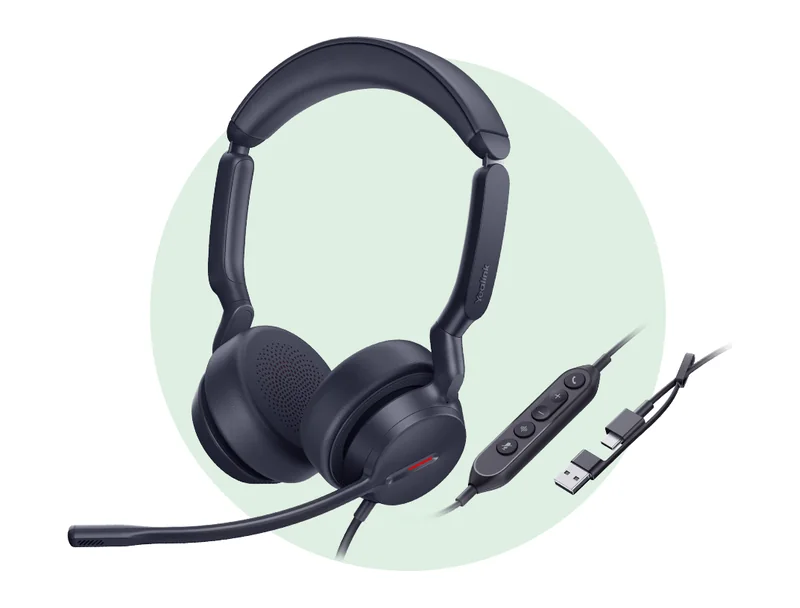 Yealink UH44 dual-ear USB-C wired headset with inline controller and USB-A adapter