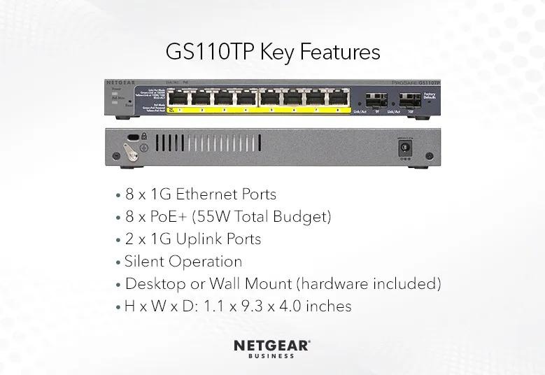 Netgear GS110TP 8-Port Gigabit PoE+ Smart Switch with 2 SFP, 55W PoE Budget, Insight Cloud Management - view 4