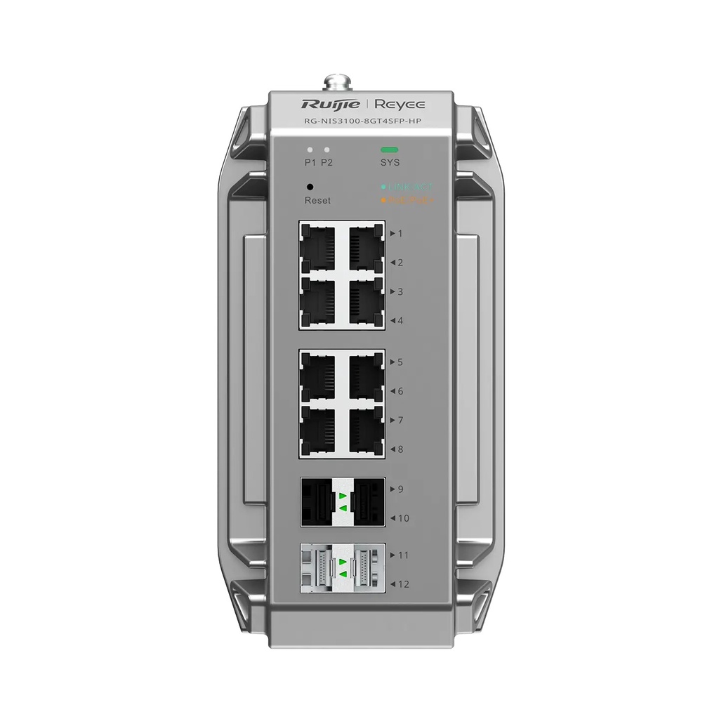Ruijie RG-NIS3100-8GT4SFP-HP 12-Port Industrial Cloud Managed PoE+ Switch, 8 x PoE+, 4 x SFP, 240W, DIN Rail - view 2