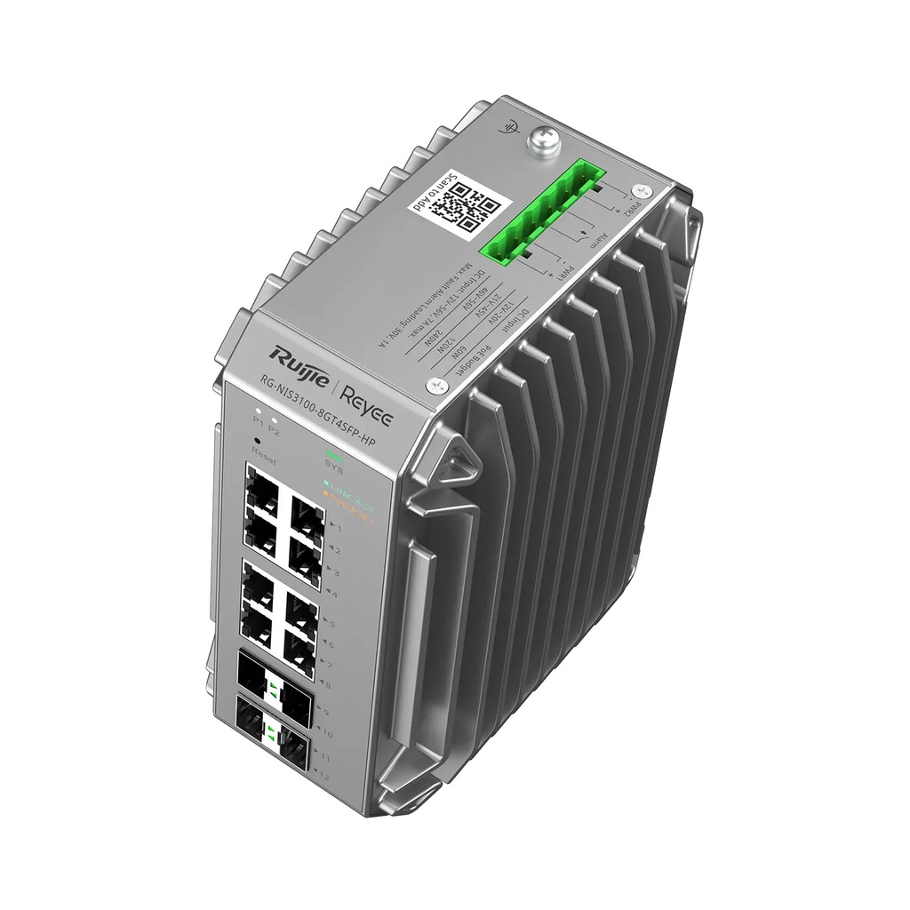 Ruijie RG-NIS3100-8GT4SFP-HP 12-Port Industrial Cloud Managed PoE+ Switch, 8 x PoE+, 4 x SFP, 240W, DIN Rail - view 3