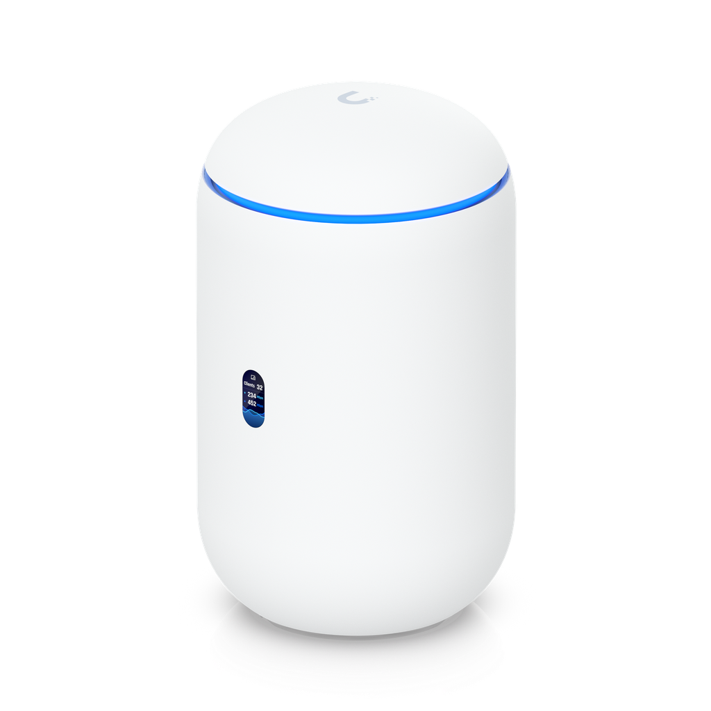Ubiquiti UDR7 front view with status display showing connected clients and live throughput