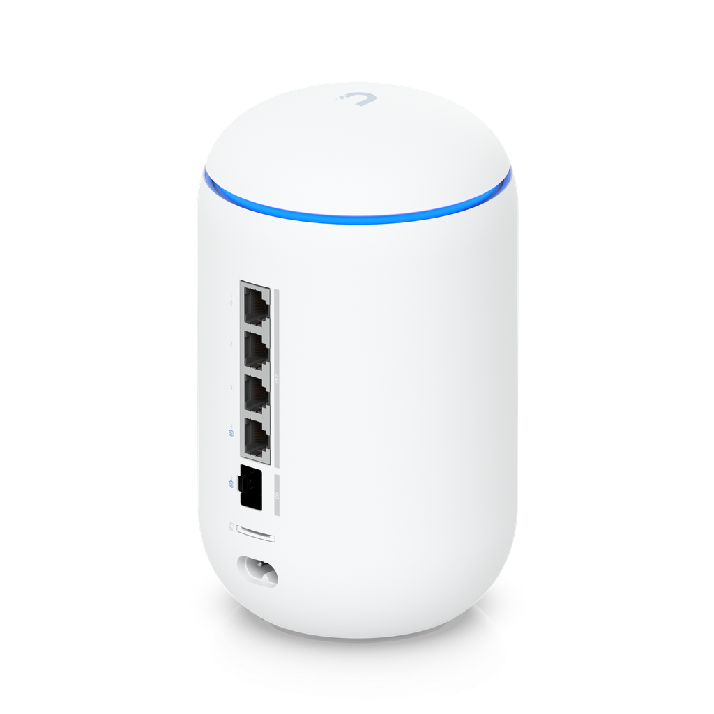 Ubiquiti UDR7 rear angle view showing the 2.5 GbE switch ports, 10G SFP+ and microSD slot