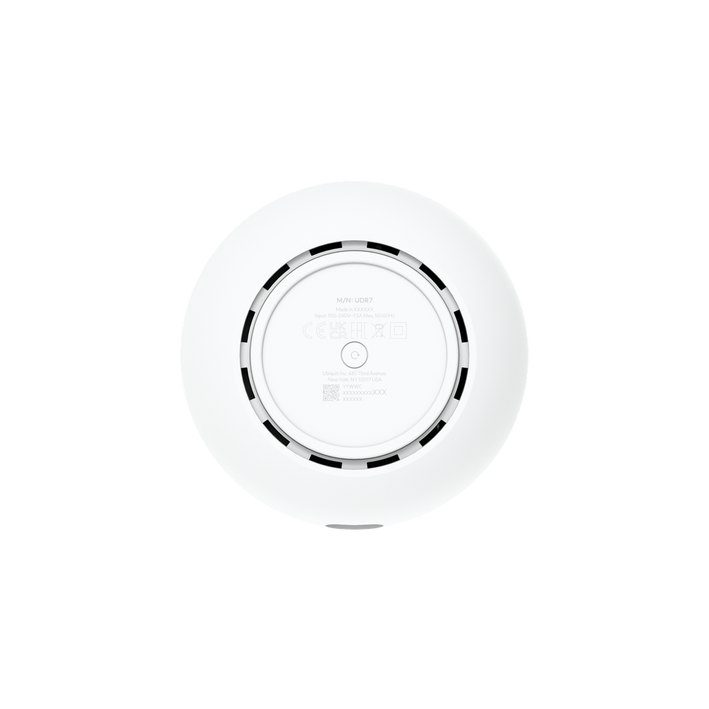 Ubiquiti UDR7 underside with model label, input rating, reset button and compliance markings