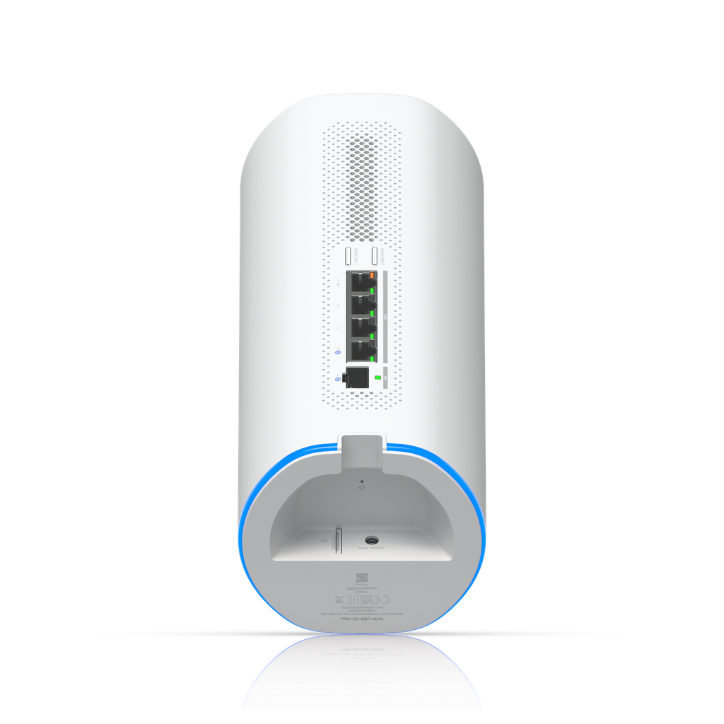 Ubiquiti UDR-5G-Max underside showing microSD card slot, 54V DC power input and recessed reset button