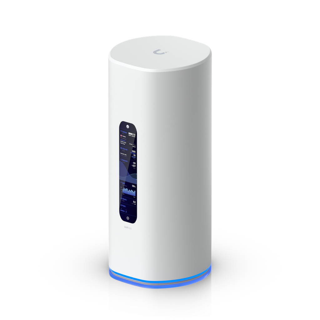 Ubiquiti UDR-5G-Max front angle view with 4.7-inch touchscreen showing 5G signal, internet speed and client count
