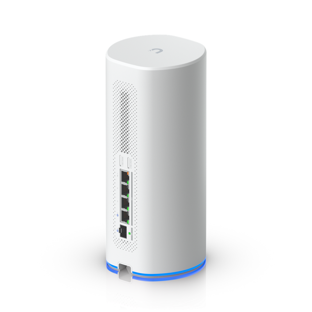 Ubiquiti UDR-5G-Max rear angle view showing nano-SIM slots, 2.5 GbE ports, 10G SFP+ and ventilation grille
