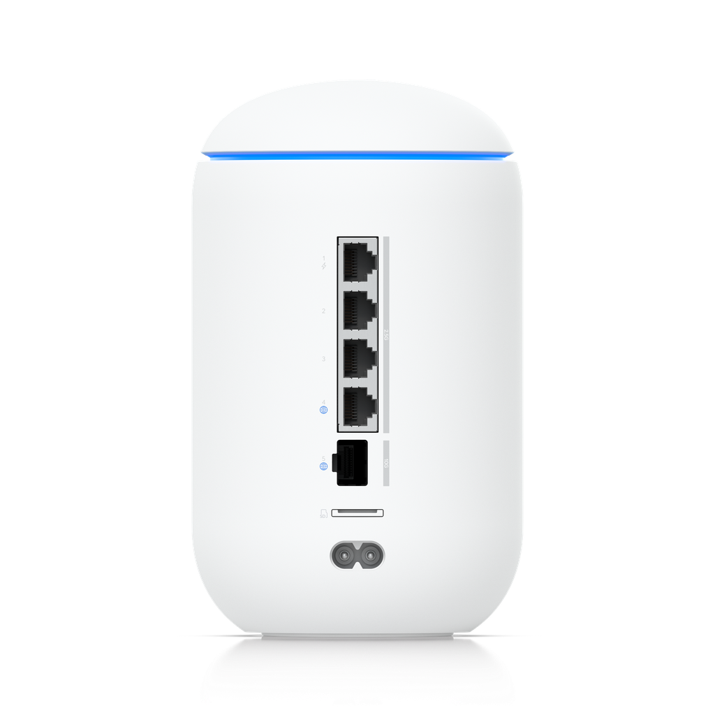 Ubiquiti UDR7 (supplied in the 1TB microSD bundle) rear panel showing four 2.5 GbE ports with PoE on port 1, 10G SFP+ port, microSD card slot and power inlet
