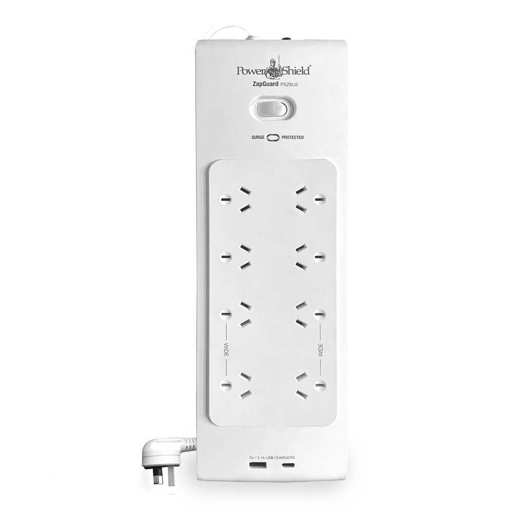 PowerShield ZapGuard 8 Way Surge Board with 2 x USB, 2,100 Joules