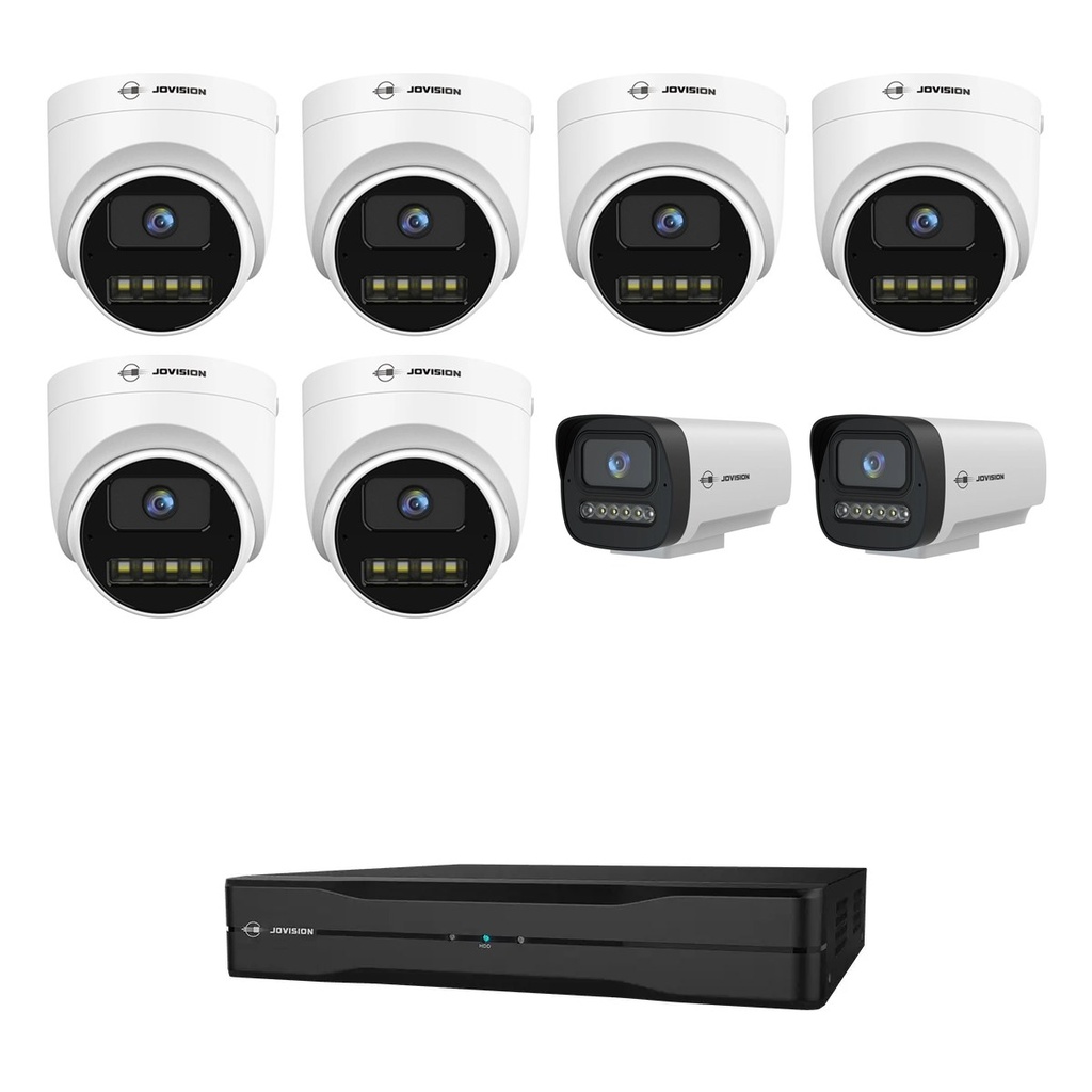 8 Camera 4K Security Camera System, 6 Turret + 2 Bullet, 8 Channel PoE NVR | Jovision JVS-KIT-4K-8C