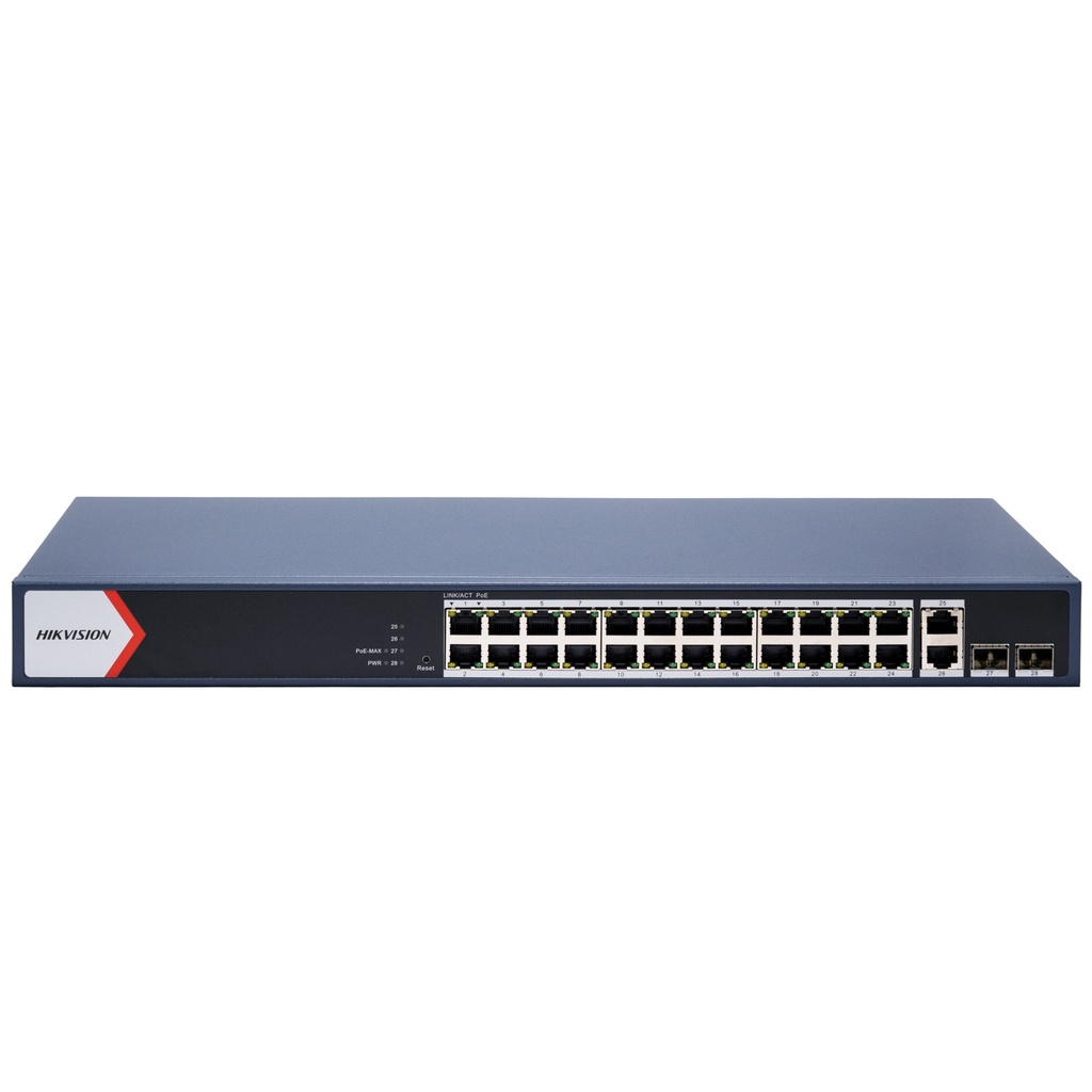 Hikvision DS-3E1528P-EI 24-Port Gigabit Smart Managed PoE Switch, 2 RJ45 + 2 SFP Uplinks, 370 W