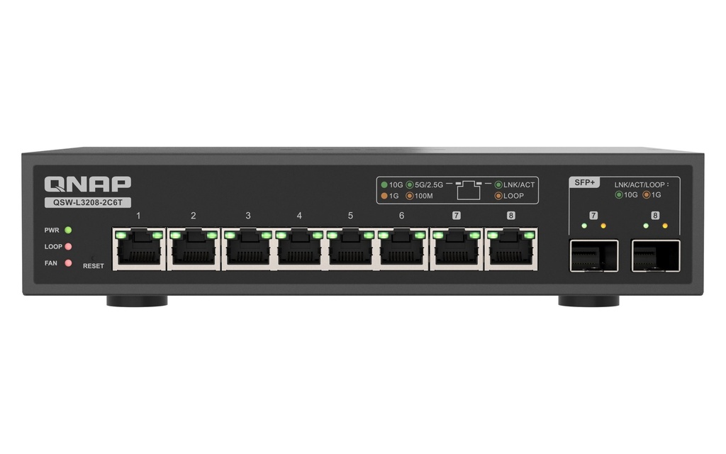 QNAP QSW-L3208-2C6T 8-Port 10GbE Lite Managed Switch, 6 x 10GbE RJ45 and 2 x 10GbE SFP+/RJ45 Combo