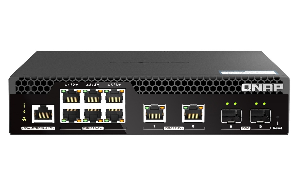 QNAP QSW-M2106PR-2S2T 10-Port Half-Width Rackmount Web Managed Switch, 8 x 90W PoE++, 10GbE and 2.5GbE