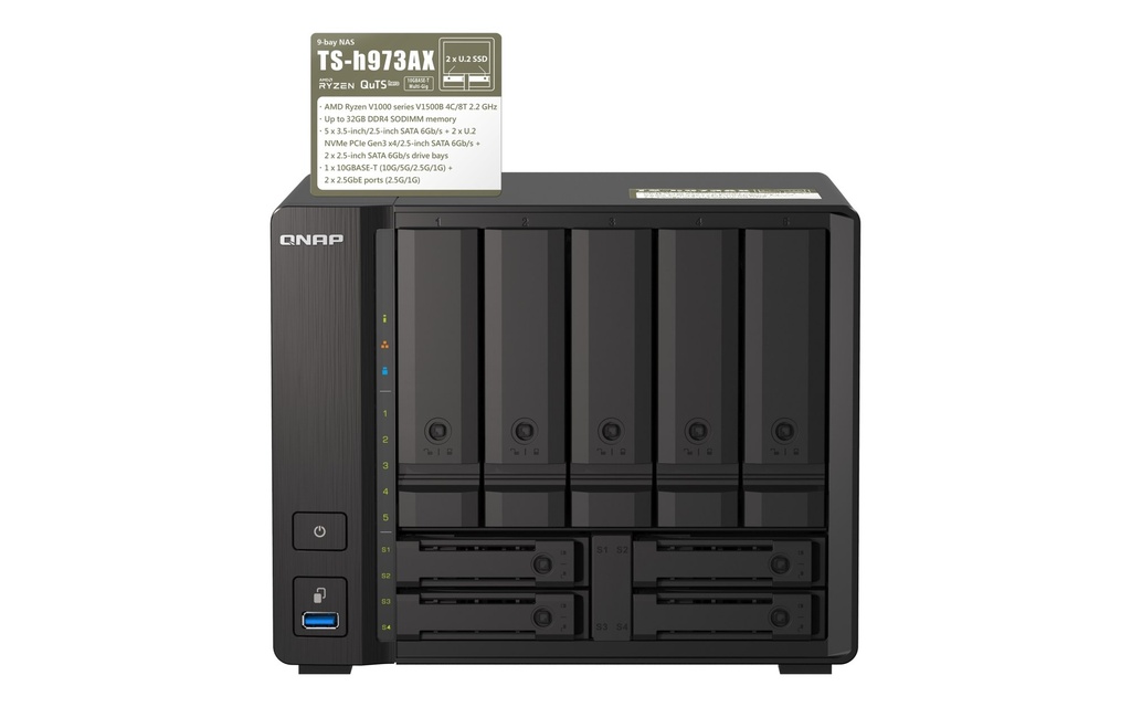 QNAP TS-H973AX-8G 9-Bay Tower NAS, Ryzen V1500B, 8GB DDR4, 10GbE + 2 x 2.5GbE, Dual U.2 NVMe, QuTS hero