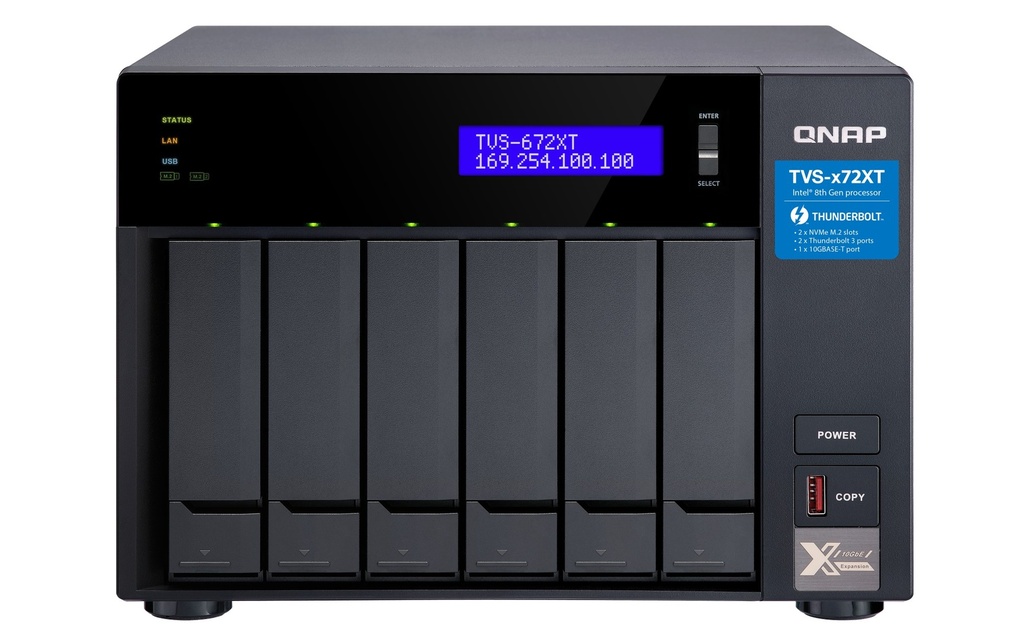 QNAP TVS-672XT-I3-8G 6-Bay Thunderbolt 3 NAS, Intel Core i3, 8GB DDR4, 10GbE, Dual M.2 NVMe, 4K HDMI