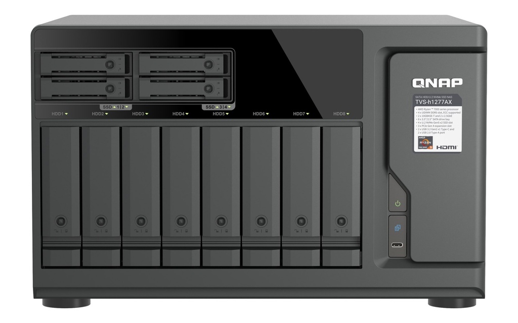 QNAP TVS-H1277AX-R5-16G 12-Bay Tower NAS, Ryzen 5 7000 6-Core, 16GB DDR5, 2 x 10GbE, 4 x U.2 NVMe Gen4, QuTS hero