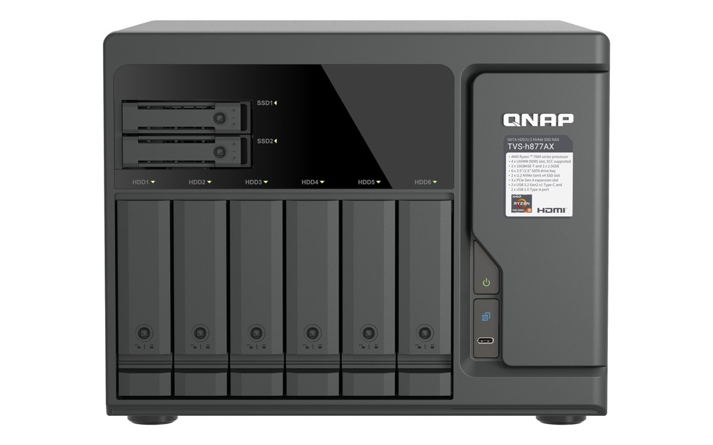 QNAP TVS-H877AX-R5-16G 8-Bay Tower NAS, Ryzen 5 7000 6-Core, 16GB DDR5, 2 x 10GbE, 2 x U.2 NVMe Gen4, QuTS hero