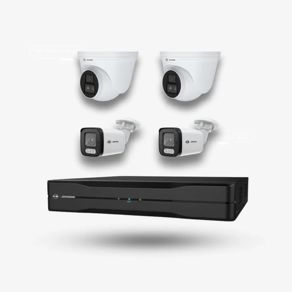 Jovision Camera Kit, 2 x 5MP Full Color Bullet Network and 2 x 5MP Indoor Turret Camera  Bundle with 4CH POE AI NVR