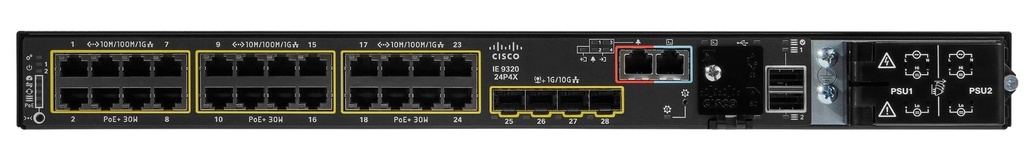 Cisco IE-9320-24P4X-A IE9300 Rugged 1RU Switch, 24x GE PoE+, 4x 10G SFP+ Uplinks, Network Advantage