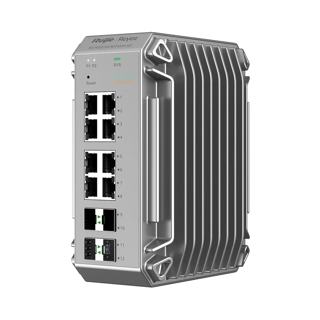 Ruijie RG-NIS3100-8GT4SFP-HP 12-Port Industrial Cloud Managed PoE+ Switch, 8 x PoE+, 4 x SFP, 240W, DIN Rail