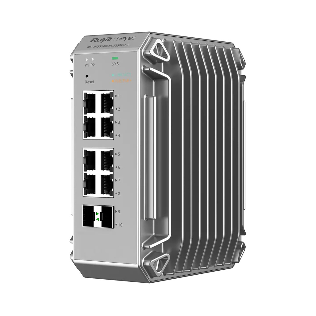 Ruijie RG-NIS3100-8GT2SFP-HP 10-Port Industrial Cloud Managed PoE+ Switch, 8 x PoE+, 2 x SFP, 240W, DIN Rail