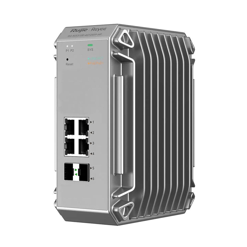 Ruijie RG-NIS3100-4GT2SFP-HP 6-Port Industrial Cloud Managed PoE+ Switch, 4 x PoE+, 2 x SFP, 120W, DIN Rail