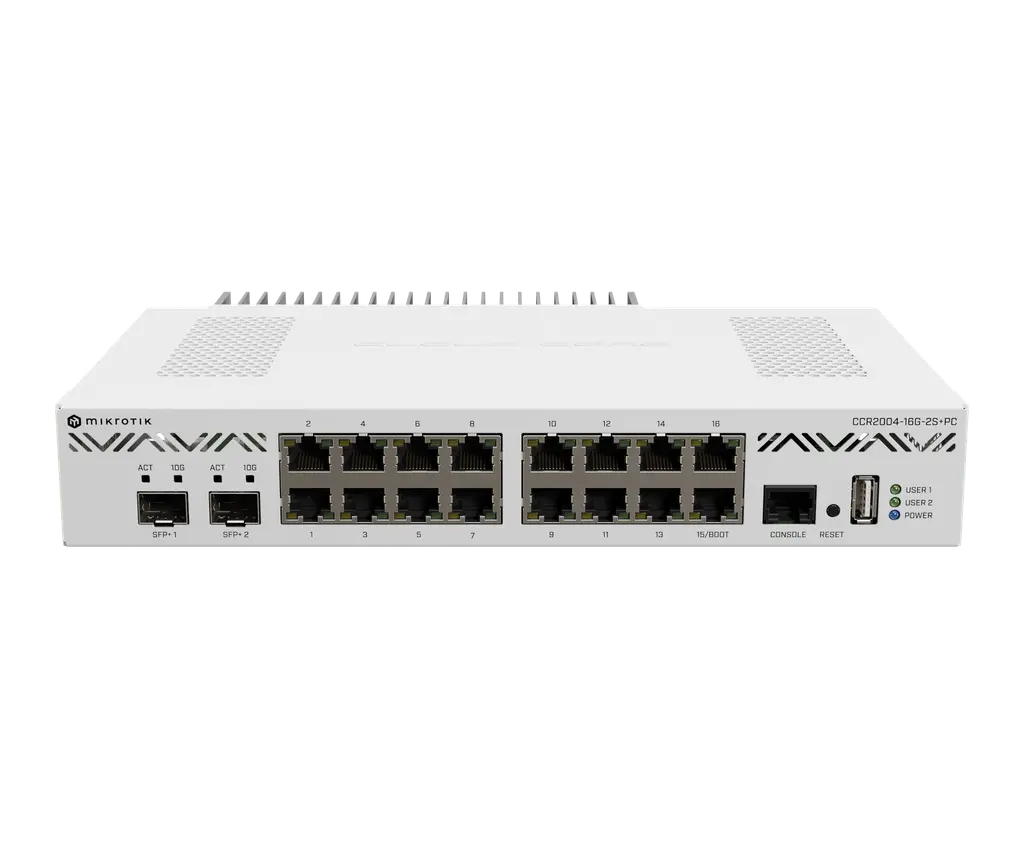 MikroTik CCR2004-16G-2S+PC 1U RM, 16xGbit LAN 2xSFP cage, 2xSFP+ cage, 4 Core 1.7GHz CPU, 4GB, Dual P/S Passive Cooled