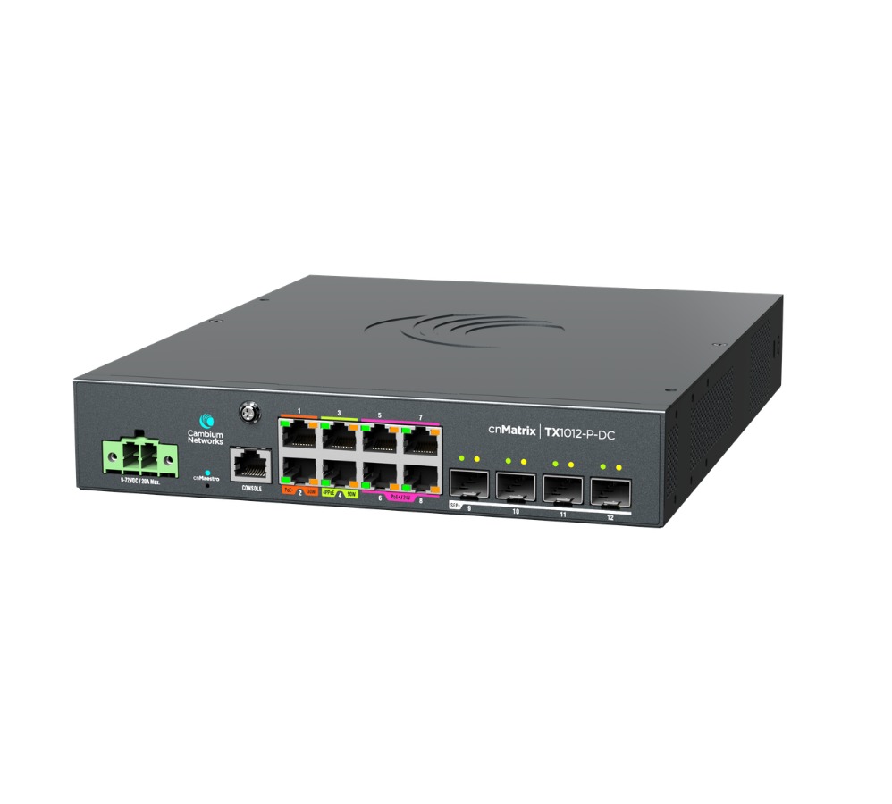 Cambium Networks MXTX1012GxPA20 cnMatrix TX1012-P-DC, DC Powered Intelligent Ethernet PoE Switch, 8 x 1Gbps, and 4 SFP+