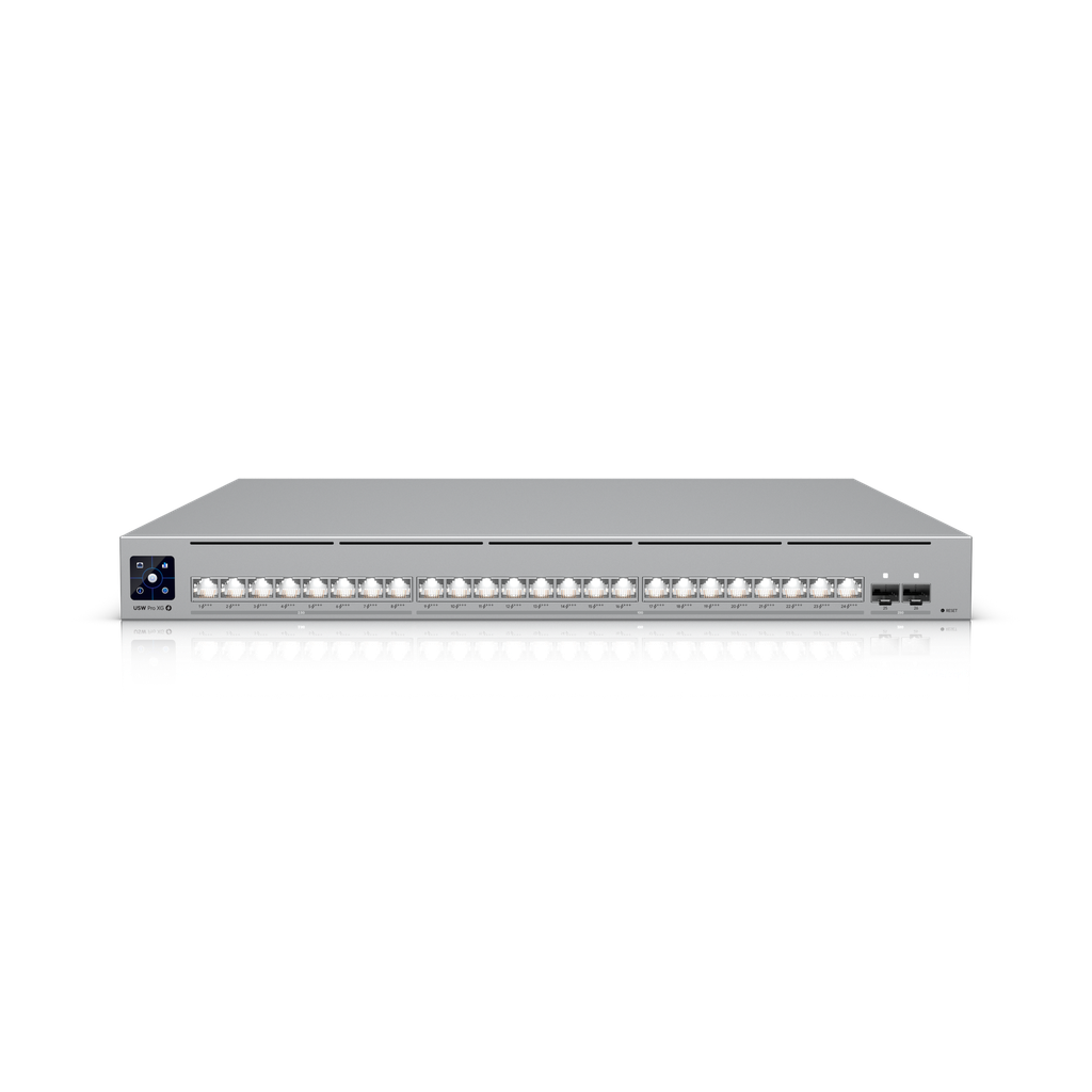 Ubiquiti USW-Pro-XG-24-PoE UniFi Professional-grade, 24-port Layer 3 Etherlighting™ PoE+++ switch with (16) 10 GbE, (8) 2.5 GbE, (2) 25G SFP28 ports