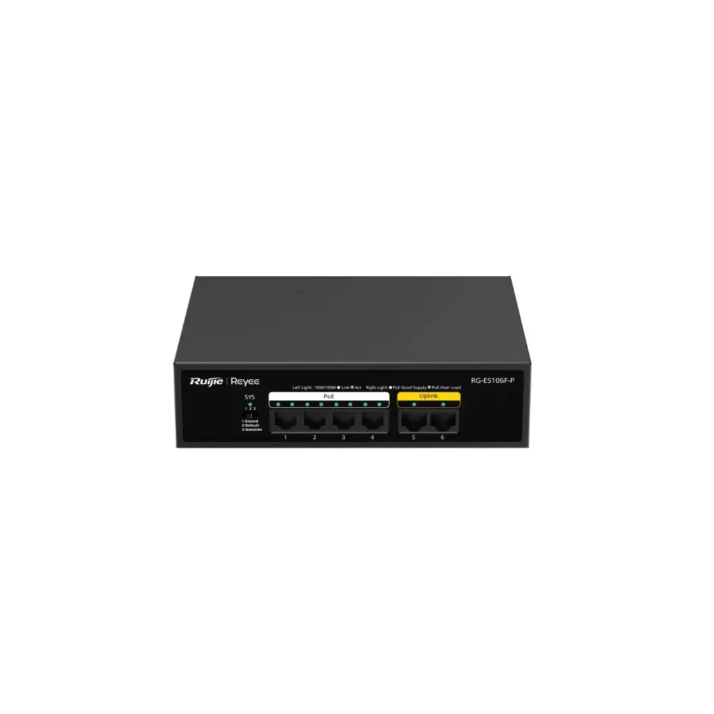 Ruijie 6-Port 100Mbps, 4 ports support PoE+. Max PoE power budget is 54W