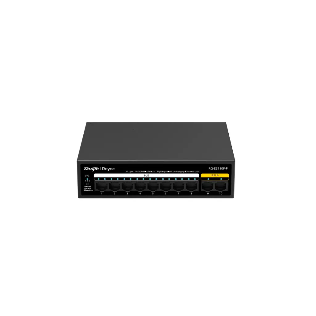 Ruijie 10-Port 100Mbps, 8 ports support PoE+. Max PoE power budget is 110W