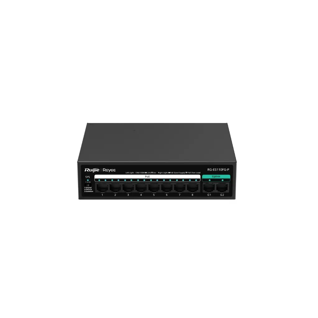 Ruijie 8-Port 100Mbps + 2 Uplink Port 1000Mbps,8 ports PoE+. Max PoE power 110W
