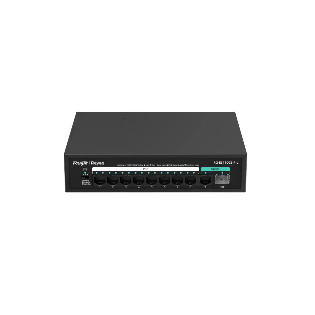 Ruijie RG-ES110GS-P-L 10-Port Gigabit Unmanaged PoE+ Switch, 8 x PoE+ Ports, 1 x SFP Uplink, 120W Budget, Fanless