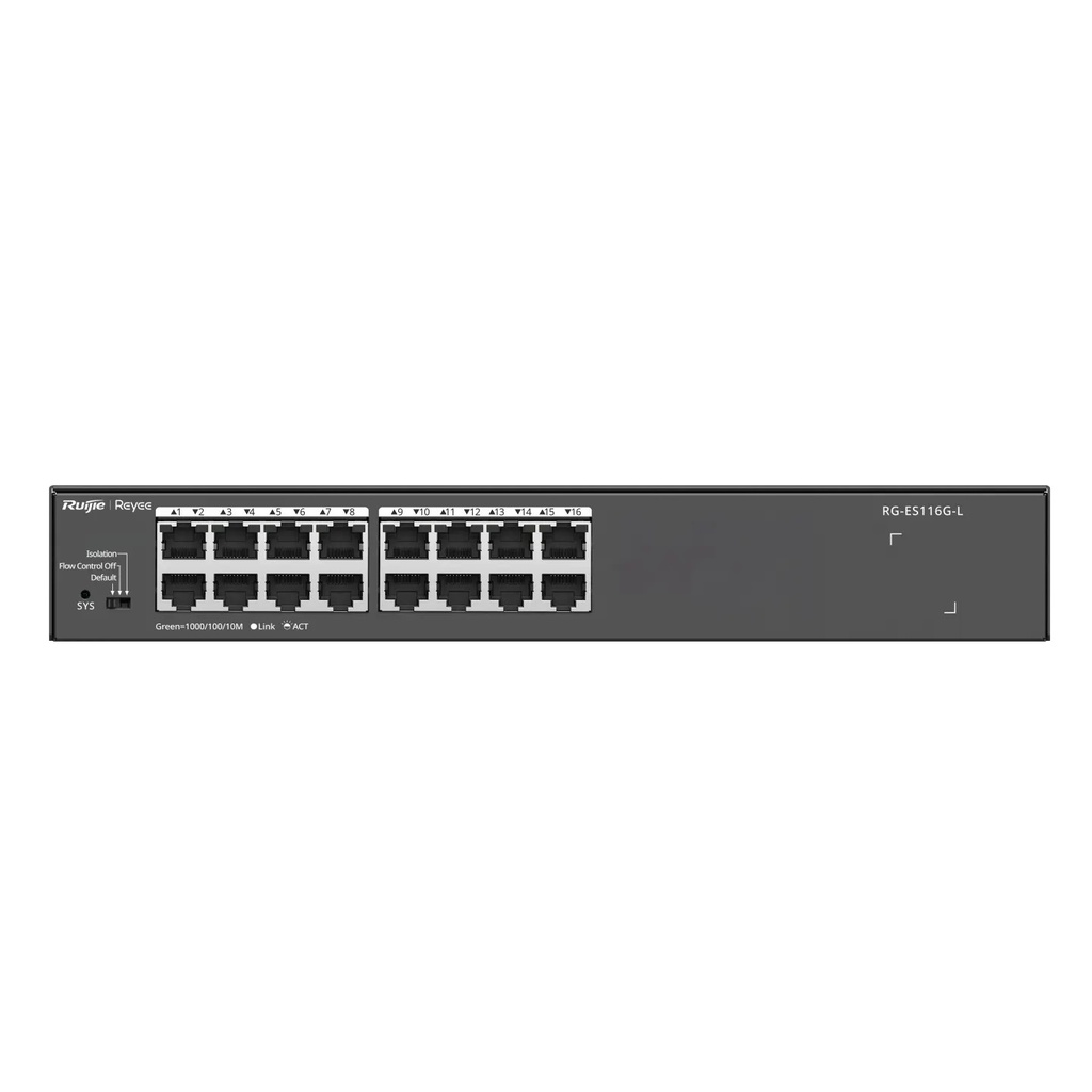 Ruijie RG-ES116G-L 16-Port Gigabit Unmanaged Switch, 32 Gbps, Fanless Metal, Desktop or Rack Mount