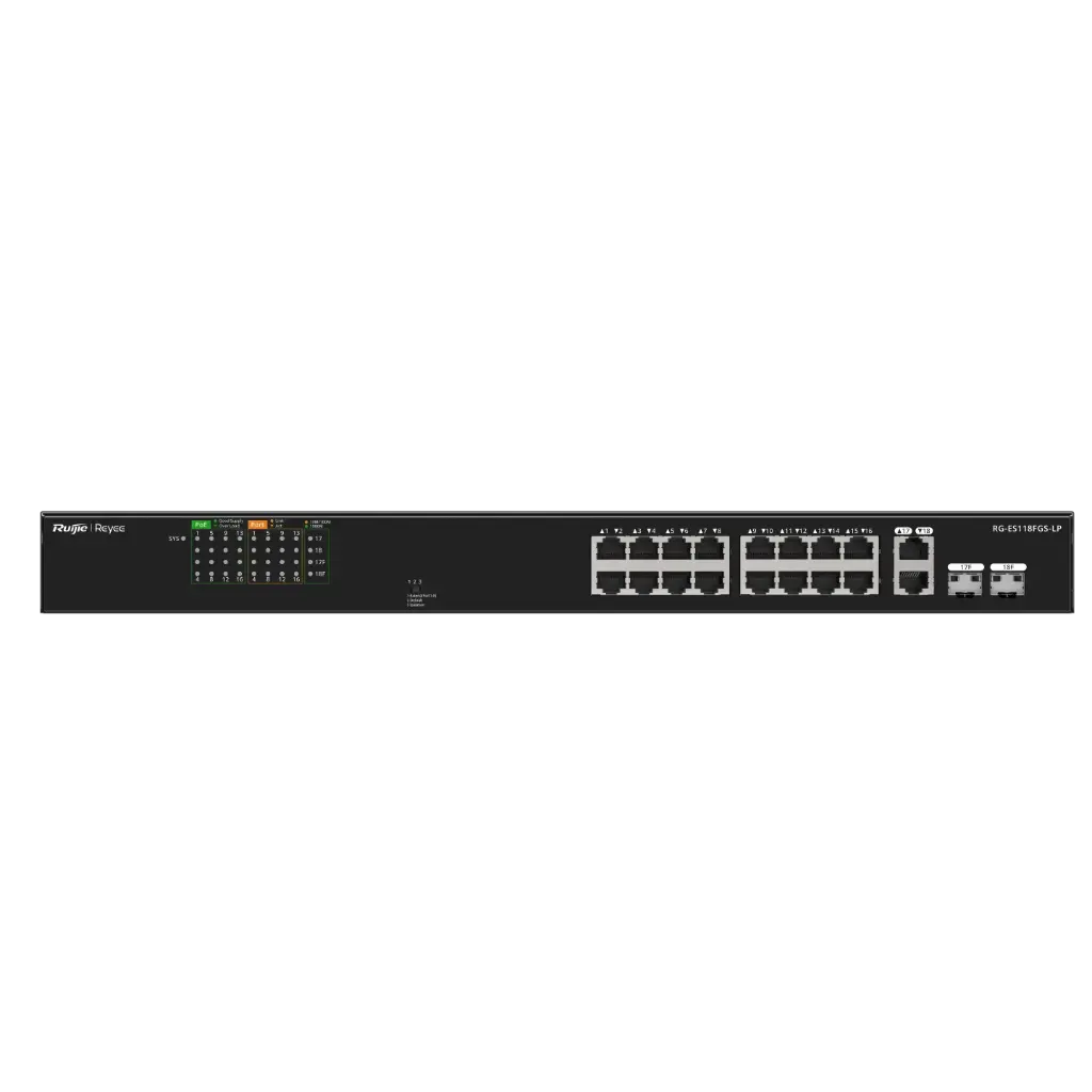 Ruijie 16-Port 100Mbps,2 combo Ports, 16 PoE+ . Max PoE 120W