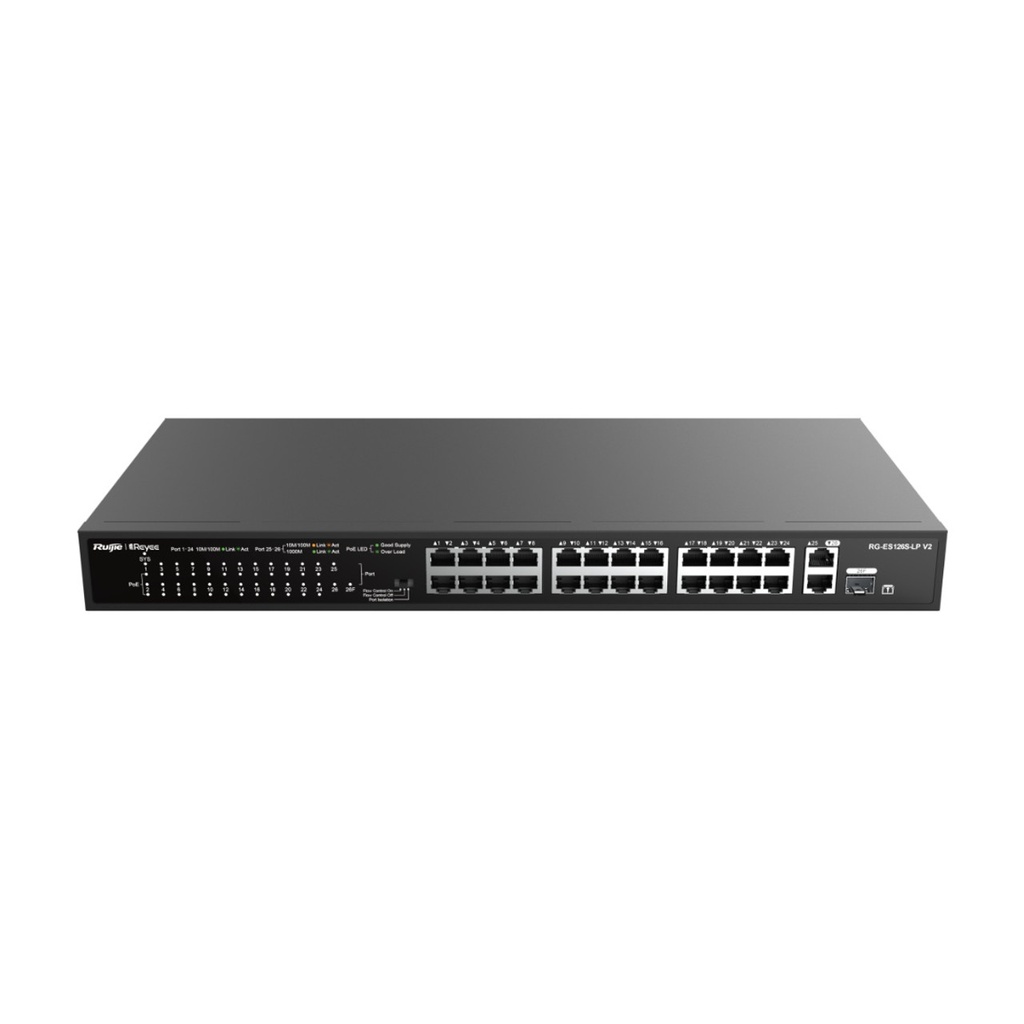 Ruijie 24-Port 100Mbps,1 Uplink Port 1000Mbps, 24 ports PoE+. Max PoE 180W