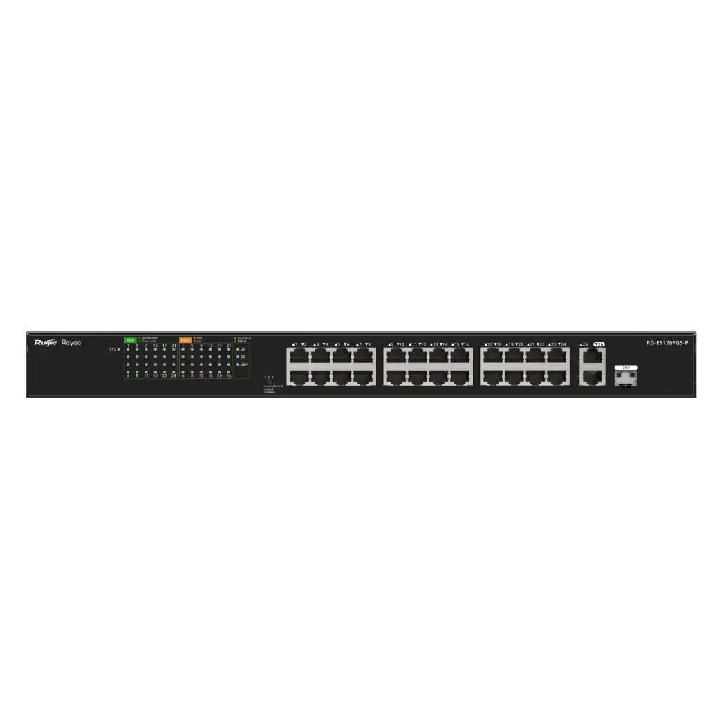 Ruijie 24-Port 100Mbps,1 Uplink Port 1000Mbps,24 ports PoE+. Max PoE 370W