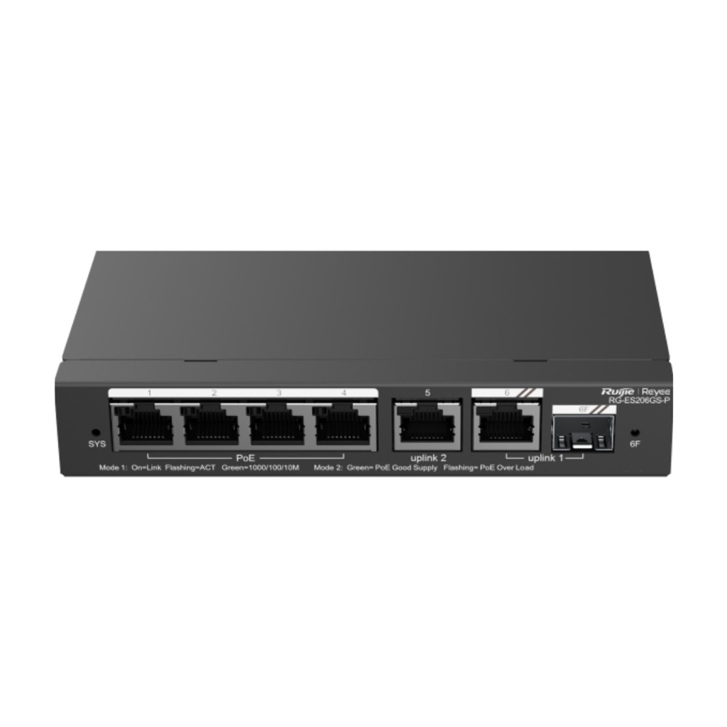 Ruijie RG-ES206GS-P 6-Port Gigabit Smart Cloud-Managed PoE Switch, 4 x PoE+ 54W, 1 Combo SFP Port