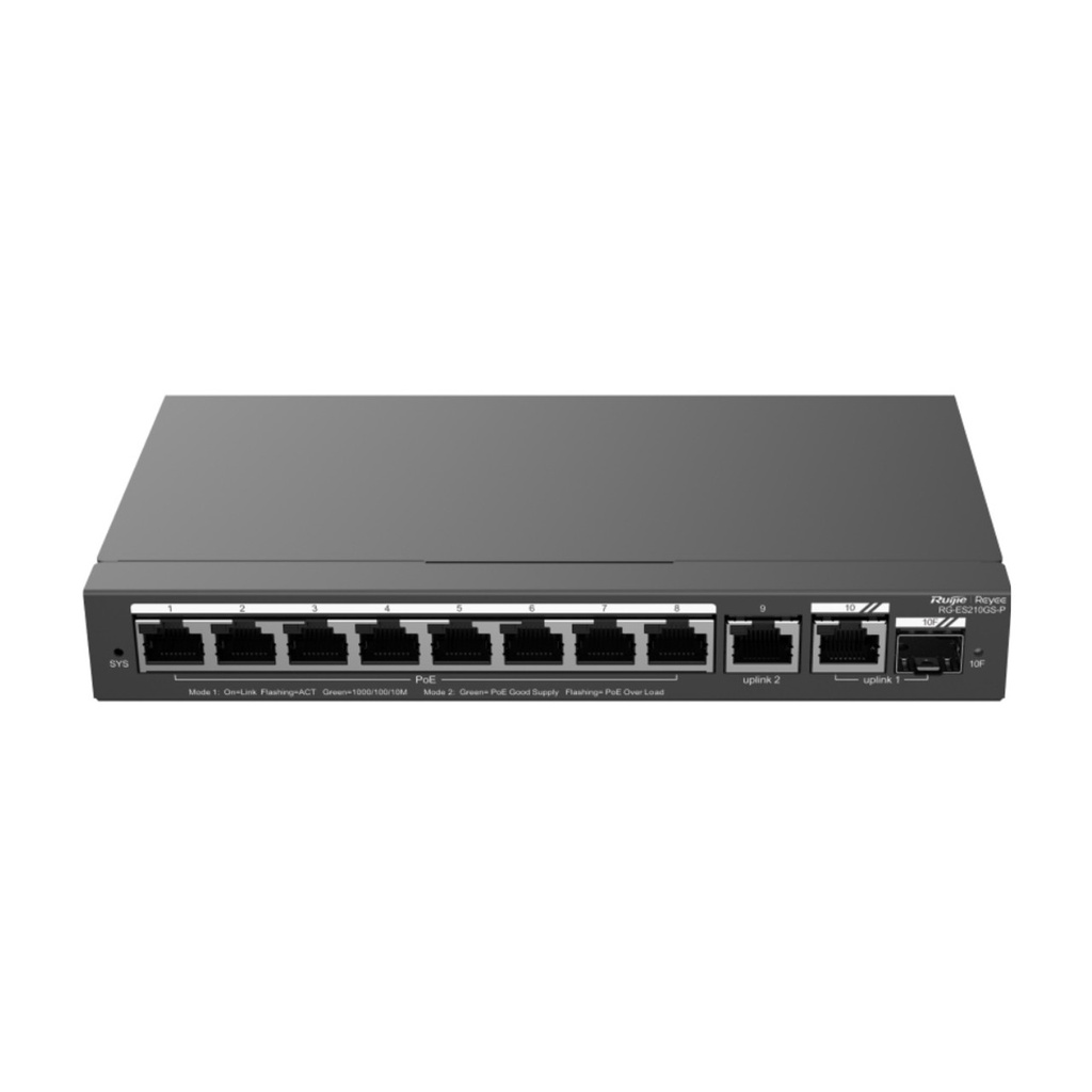 Ruijie RG-ES210GS-P 10-Port Gigabit Smart Cloud-Managed PoE Switch, 8 x PoE+ 120W, 1 Combo SFP Port