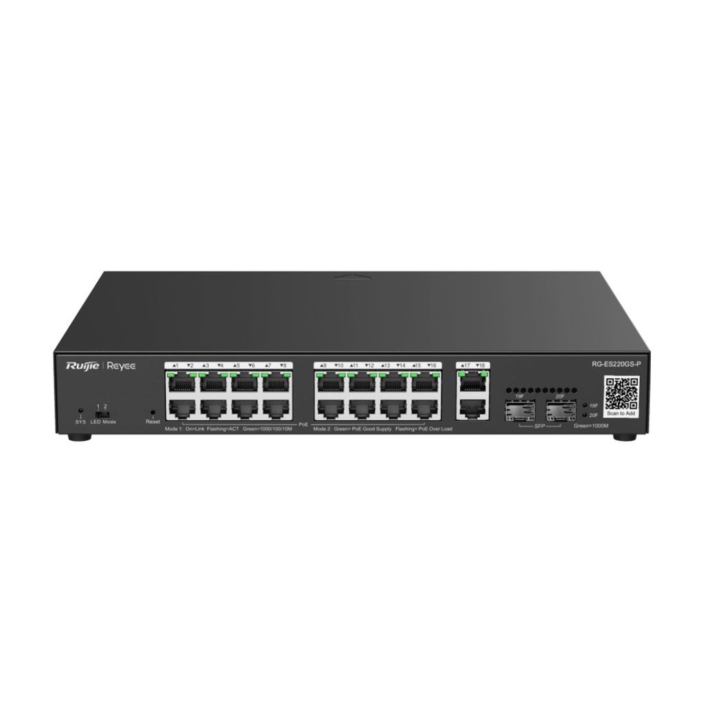Ruijie 20-Port Gigabit (16 PoE+, 2 RJ45 Uplink, 2 SFP), 250W, Smart Cloud Managed